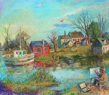Boat Painting - a painter river bank landscape